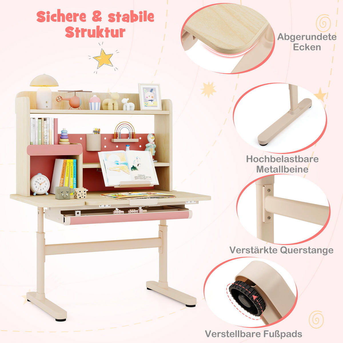 KINDERSCHREIBTISCH höhenverstellbar rosa - Pink, Metall (100/111/60cm) - COSTWAY