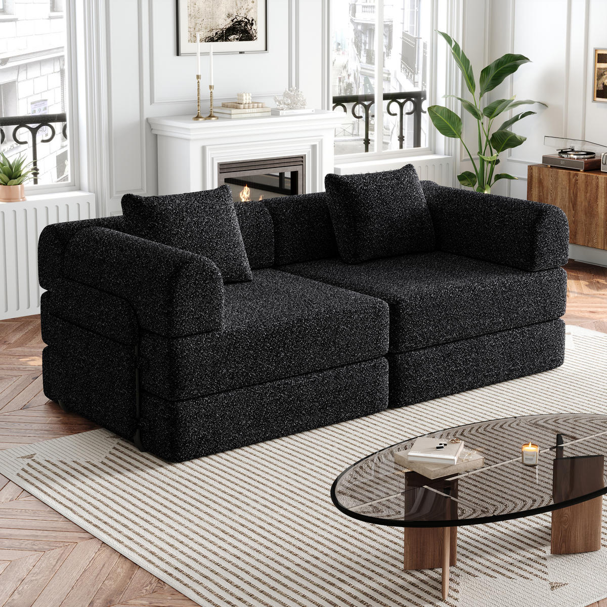 SCHLAFSOFA 2-in-1 mit Armlehnen-Ablagefach Chenille Schwarz - Schwarz, Textil (91.4/69.8/183.8cm) - OKWISH