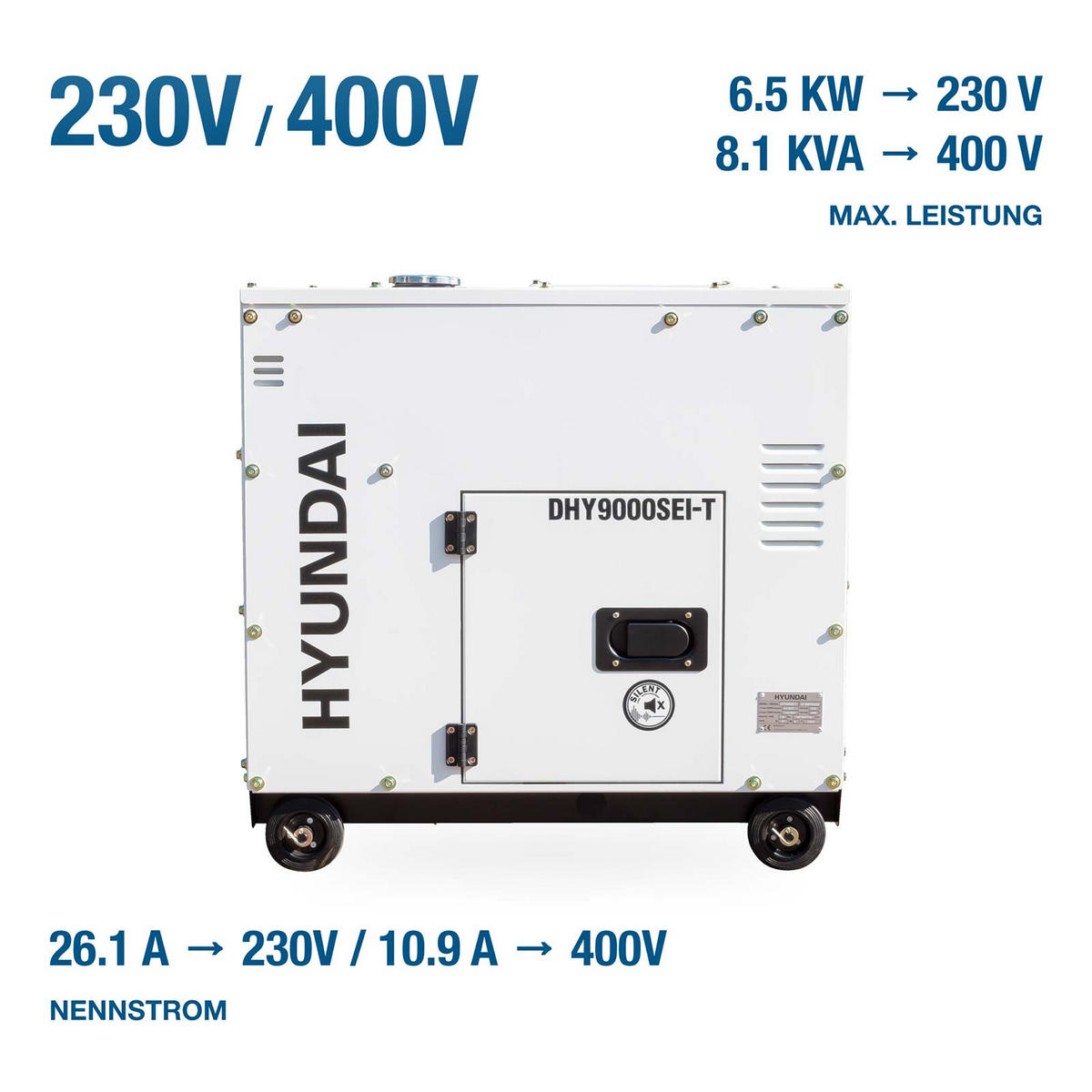 DIESEL Inverter Generator DHY9000SEi-T – 6,5 kW / 8,1 kVA E-START, ATS, 230V & 400V - Weiß, Metall (80/52.5/74cm) - HYUNDAI