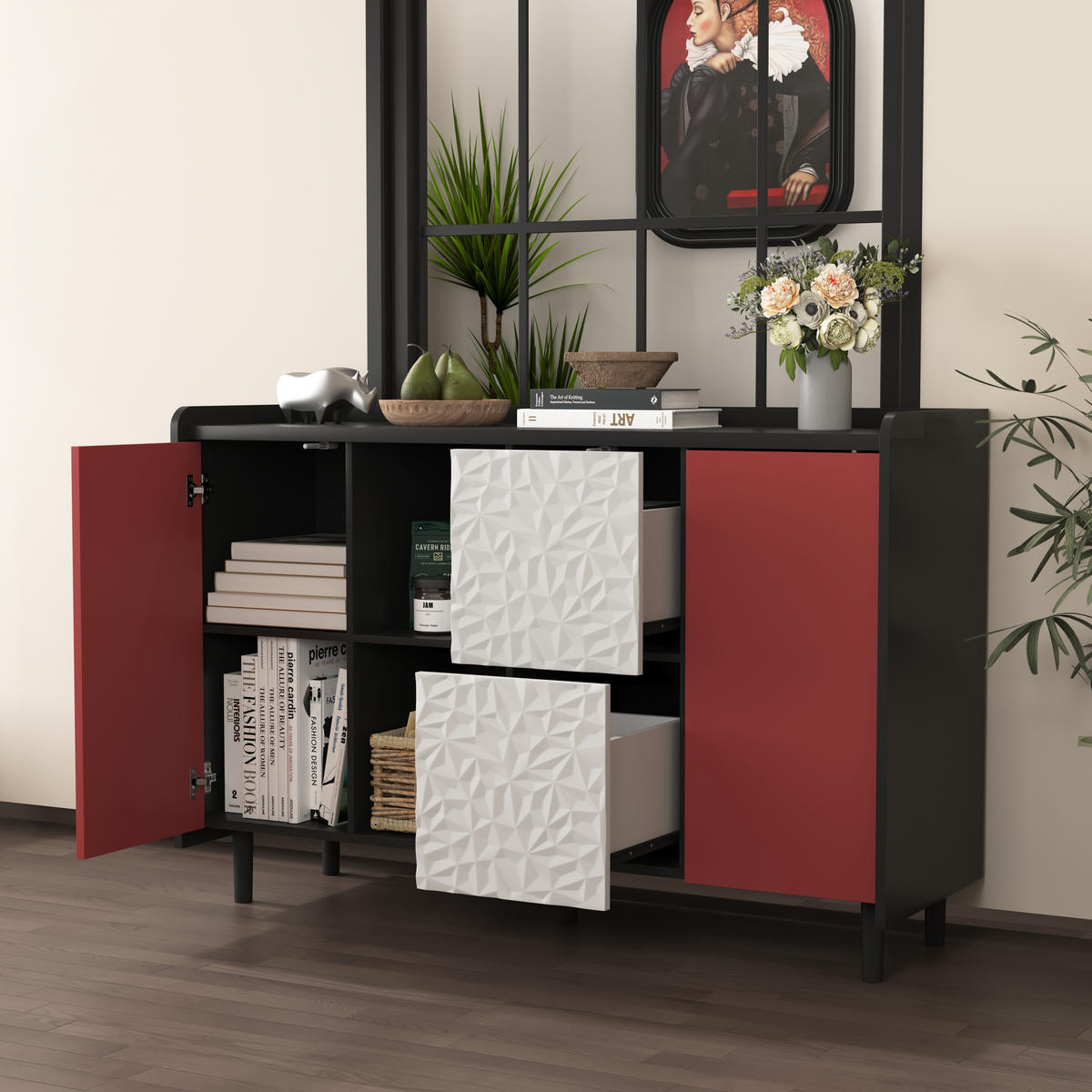 SIDEBOARD 120/40/80 cm, MDF Schwarz/Rot mit 2 Schubladen, offenem Fach und Tür, Schwarz/Rot - Rot, Holzwerkstoff (120/80/40cm) - Redom
