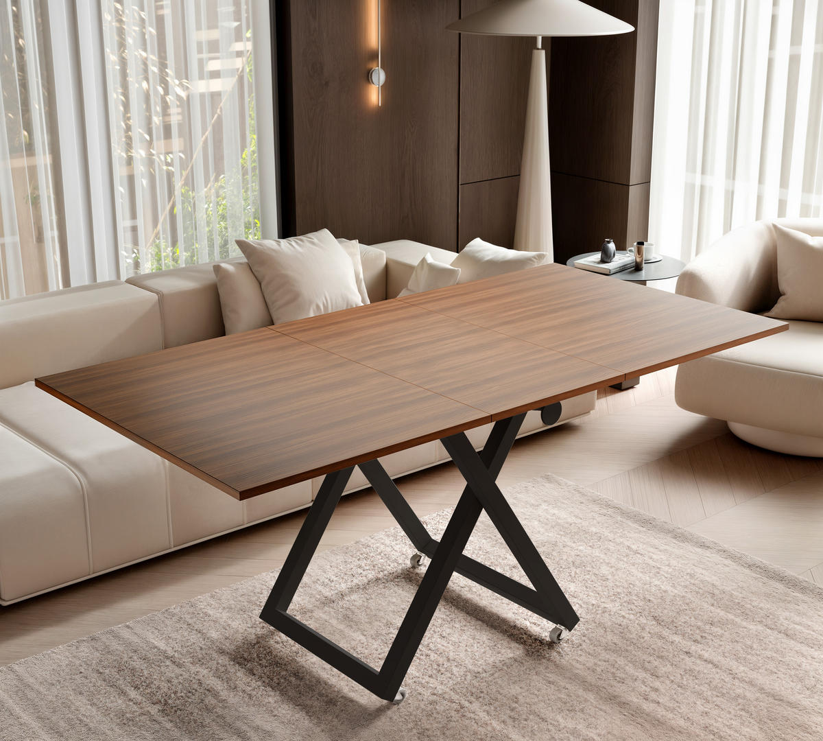 COUCHTISCH ARIA 120-160/80 cm, Höhenverstellbar, Schwarz / Franklin-Nussbaum - Nussbaumfarben/Schwarz, Holzwerkstoff/Metall (120/80/38cm) - Idohome