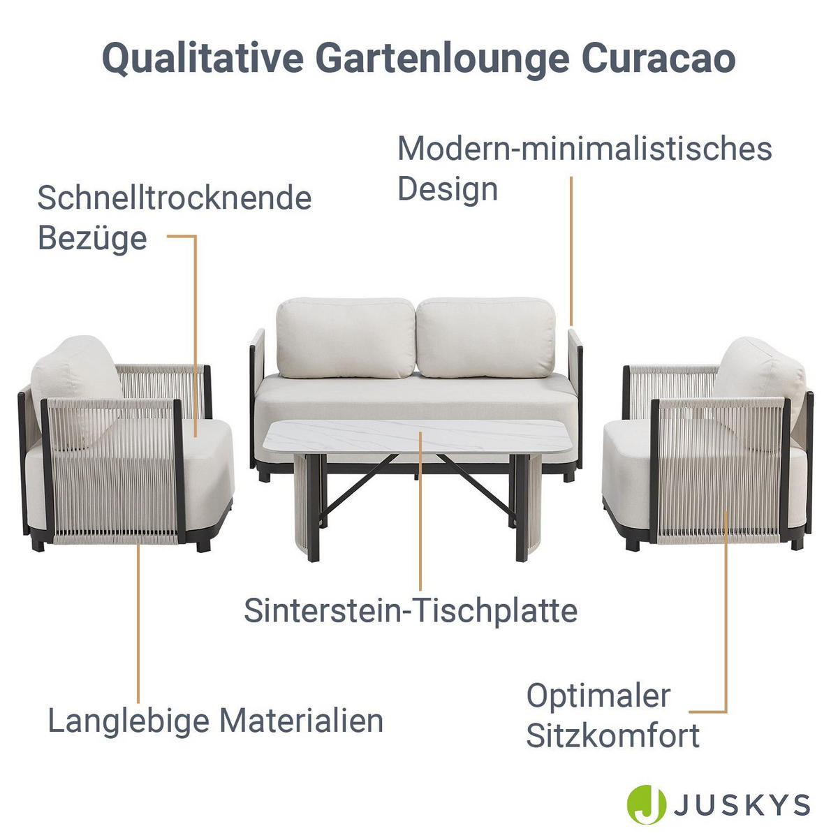 GARTEN-LOUNGE-SET Curacao beige 4-tlg. - Beige, Metall - Juskys