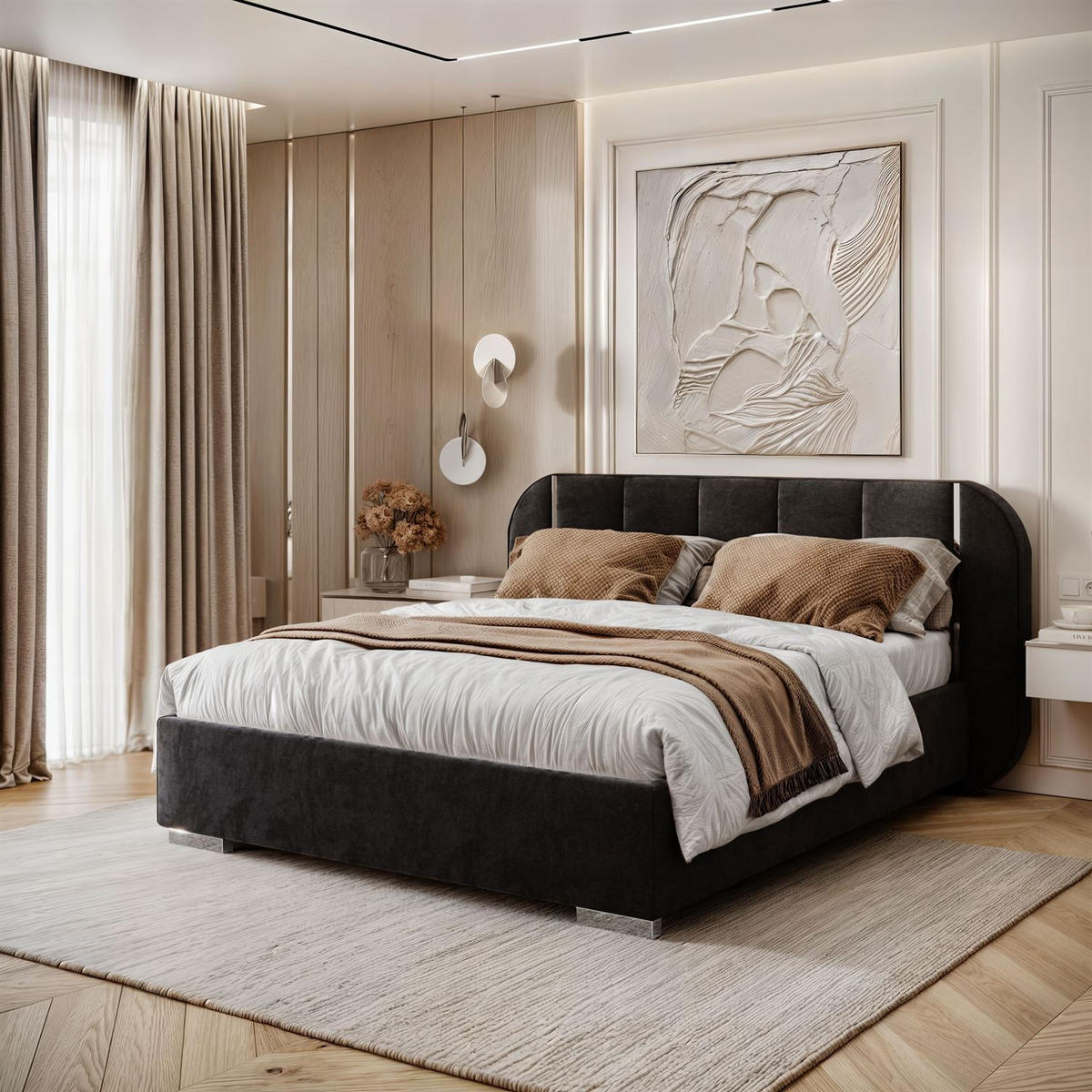 BETT AMARA SILVER 180x200 gepolstert mit Stauraum und Lattenrost, Royal Velvet 254 - Schwarz, Textil - Lookway