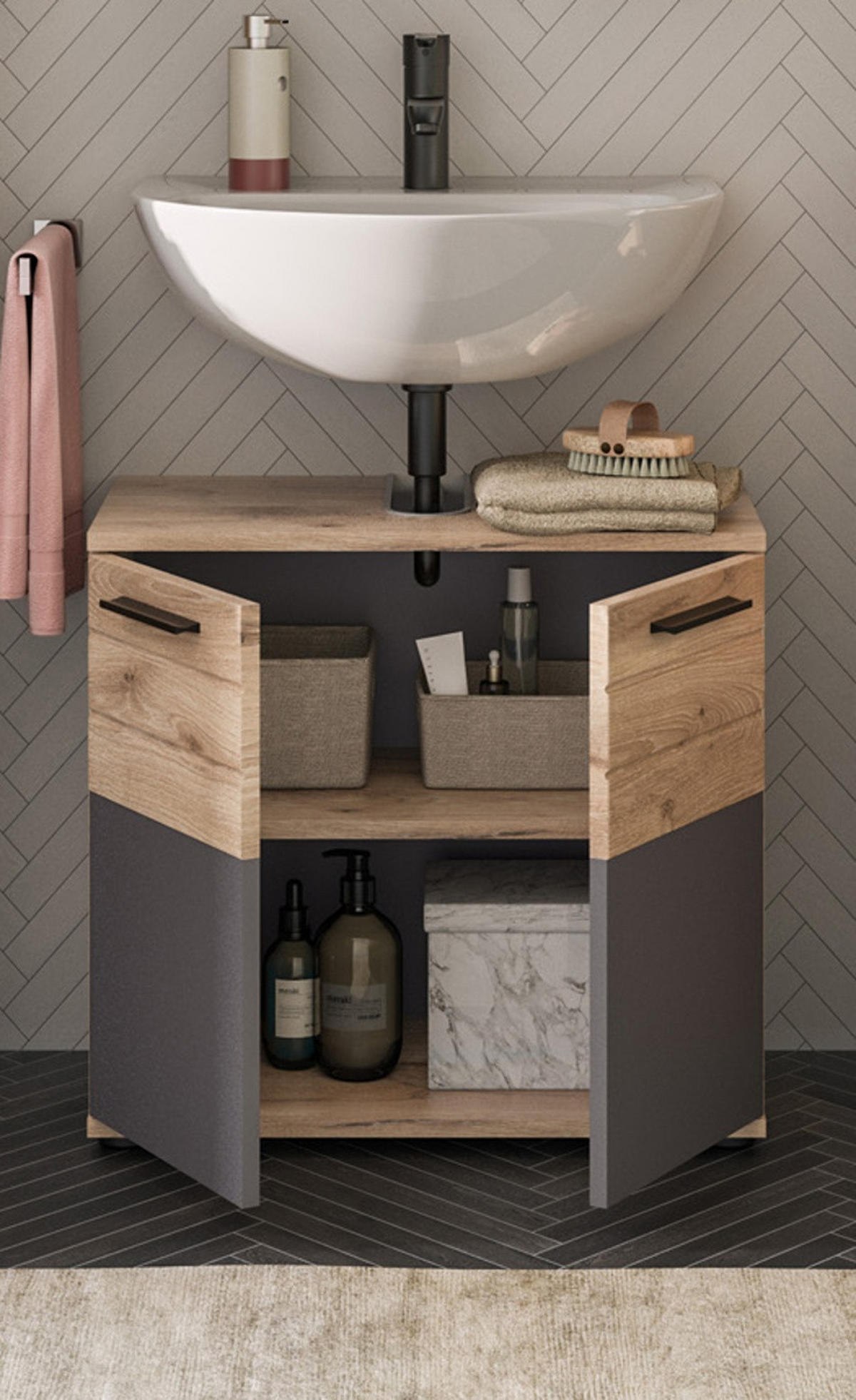 WASCHBECKENUNTERSCHRANK Eiche, grau 60 cm mit Soft-Close - Eichefarben/Schwarz, Holzwerkstoff/Kunststoff (60/56/34cm) - Inn.Furn