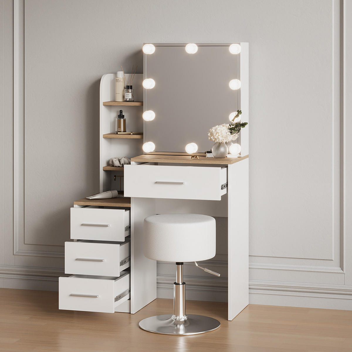 SCHMINKTISCH Loreta Weiß/Sonoma mit LED Beleuchtung und Hocker - Weiß/Sonoma Eiche, Holzwerkstoff (80/131.6/36cm) - Livinity®