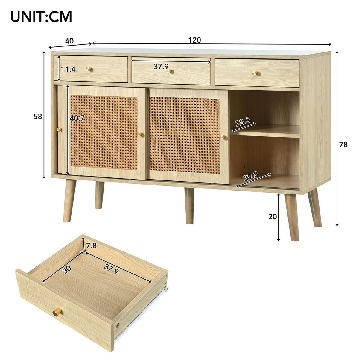 SIDEBOARD mit 3 Schubladen und 3 Türen 120 x 40 x 78 cm Eiche - Hellbraun, Holzwerkstoff (120/78/40cm) - Meubliv