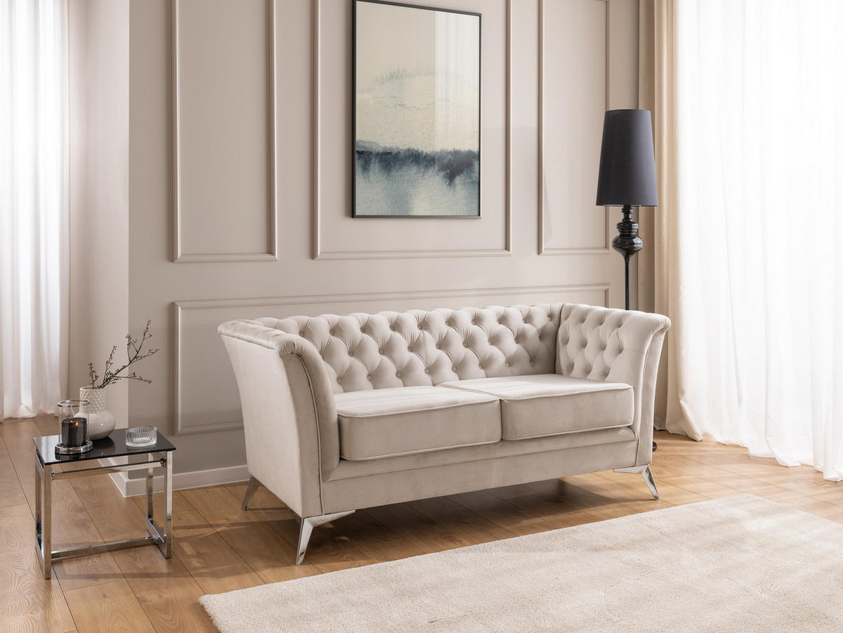 CHESTERFIELD-SOFA 2-sitzer Whitby Beige Samt mit silbernen Füßen - Beige/Silberfarben, Holz/Textil (175/78/82cm) - S-Style Möbel