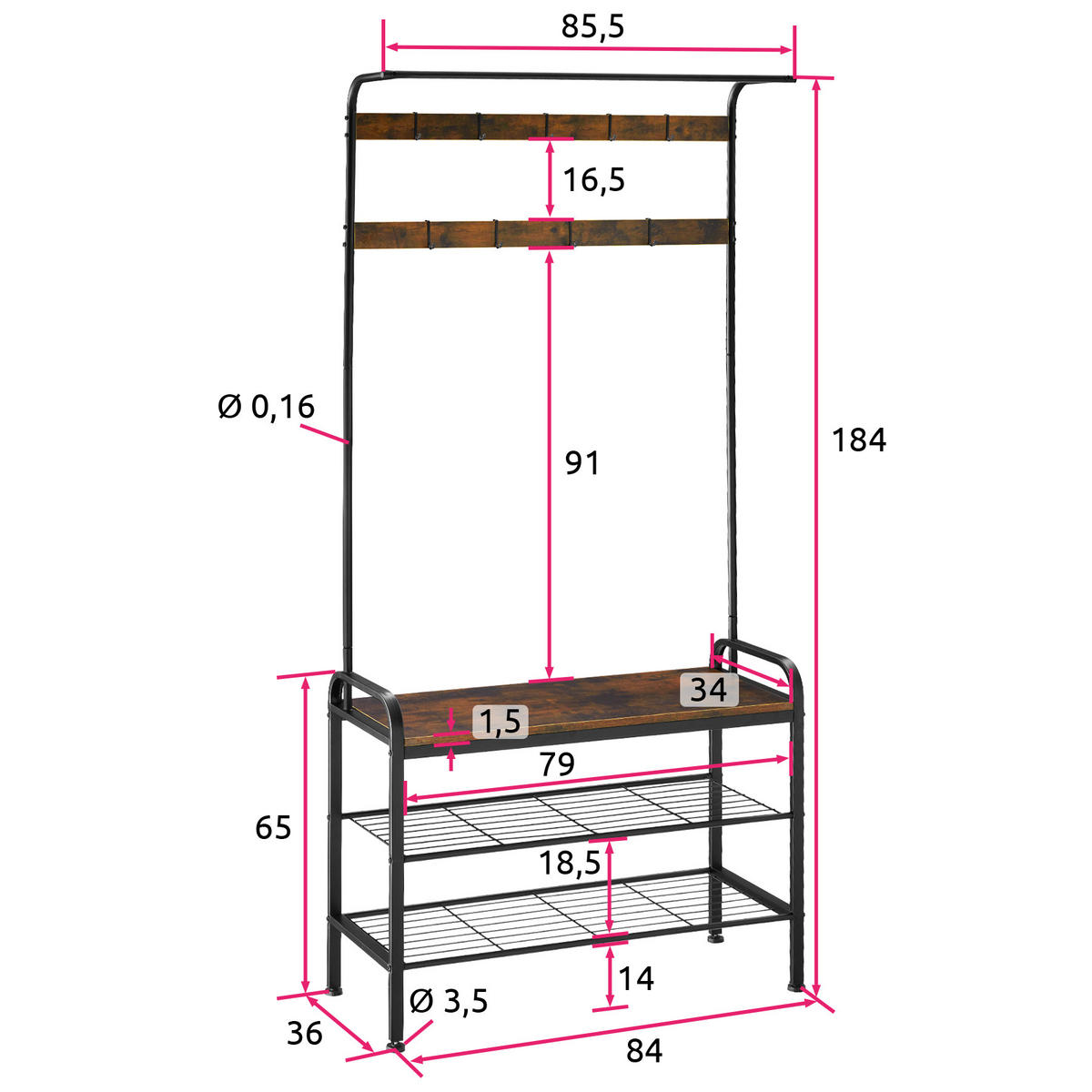 GARDEROBENSTÄNDER Alberta,inklusive Kippschutz, 85,5 x 36 x 184 cm,Industrial Holz dunkel, rustikal - Rostfarben, Textil (36/184/85.5cm) - tectake