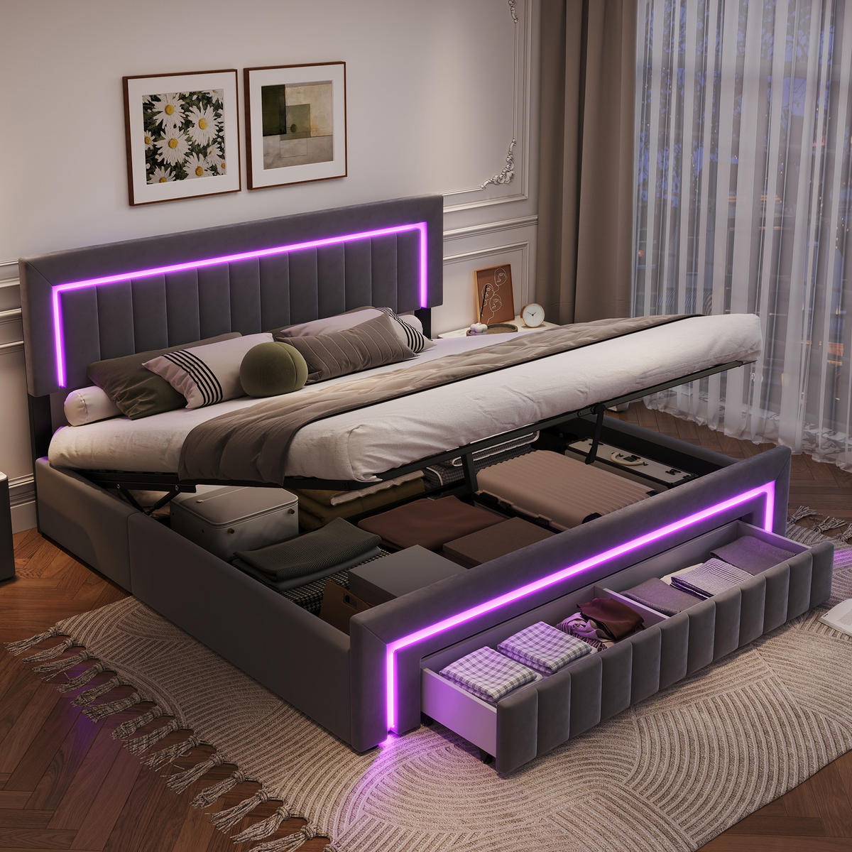 POLSTERBETT 160/200 mit Bettkasten und Schubladen , mit LED, ohne Matratze - Grau, Holzwerkstoff/Textil (160/200cm) - STILVORA
