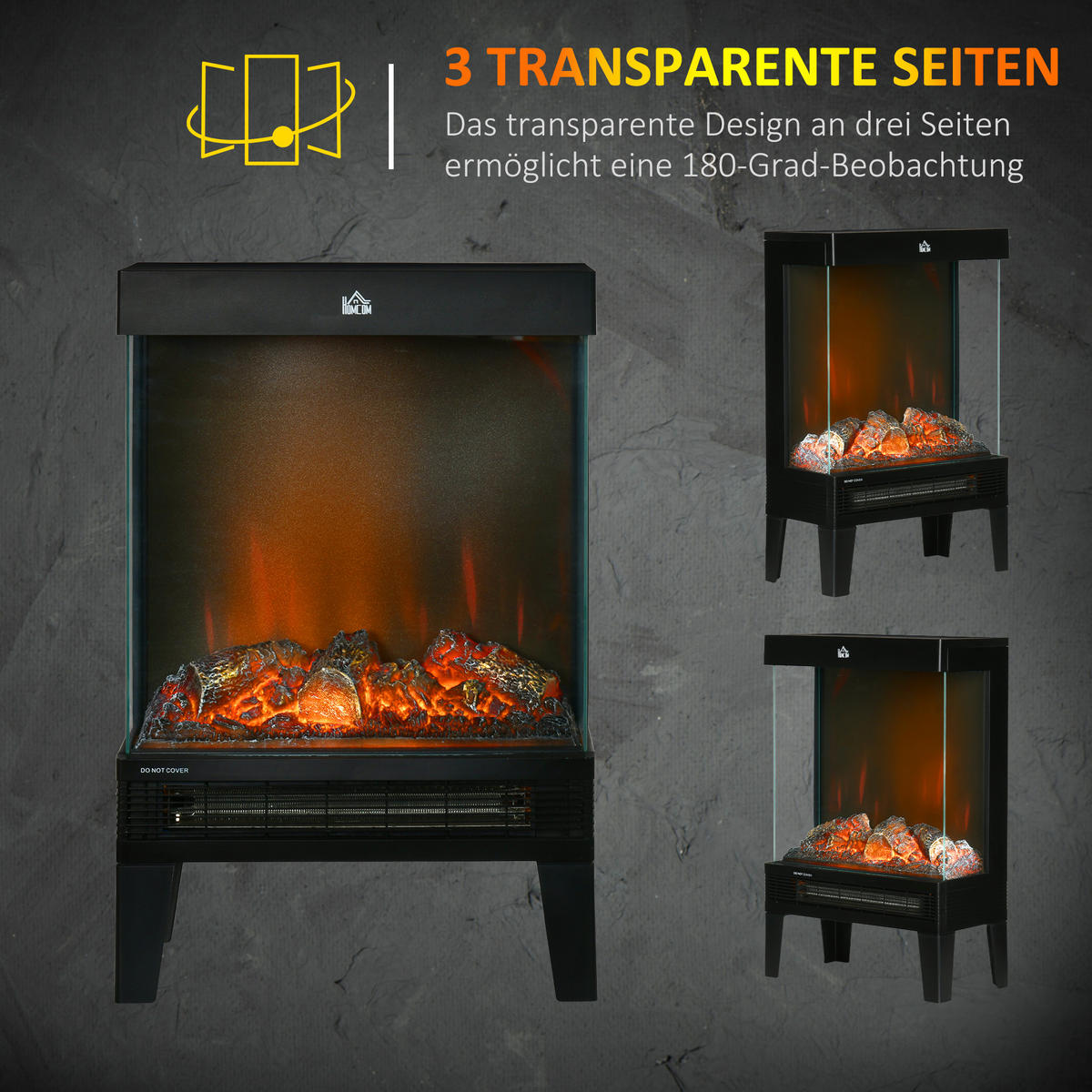 ELEKTROKAMIN 1000 W/2000 W Standkamin LED 3D-Flammeneffekt 4 Helligkeitsstufen - Schwarz, Metall (20/62/40.5cm) - HOMCOM