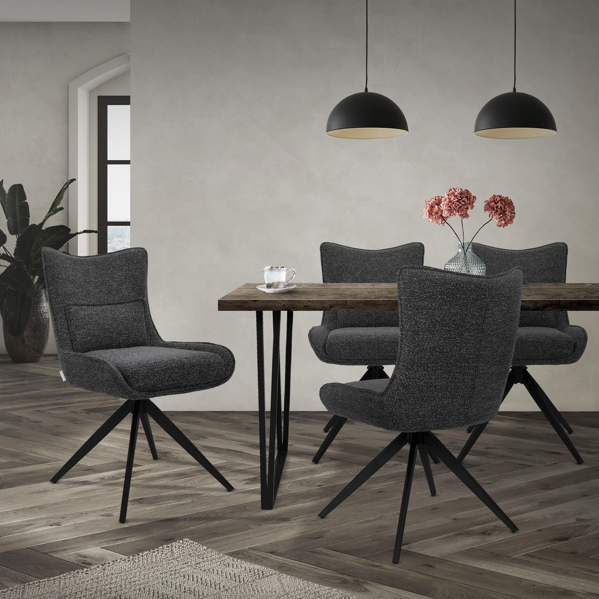 ESSZIMMERSTÜHLE 2er Set drehbar Küchenstühle gepolstert mit Webstoff-Bezug Anthrazit - Anthrazit/Schwarz, Textil/Metall (54/90/64cm) - ML-DESIGN