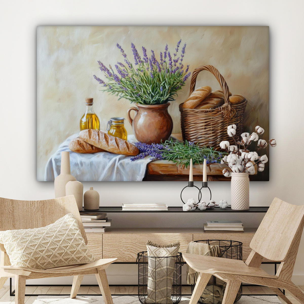 LEINWANDBILD Lavendel - Brot - Stilleben Wohnzimmer Groß 120x80 cm - Flieder, Textil (120/80cm) - MuchoWow