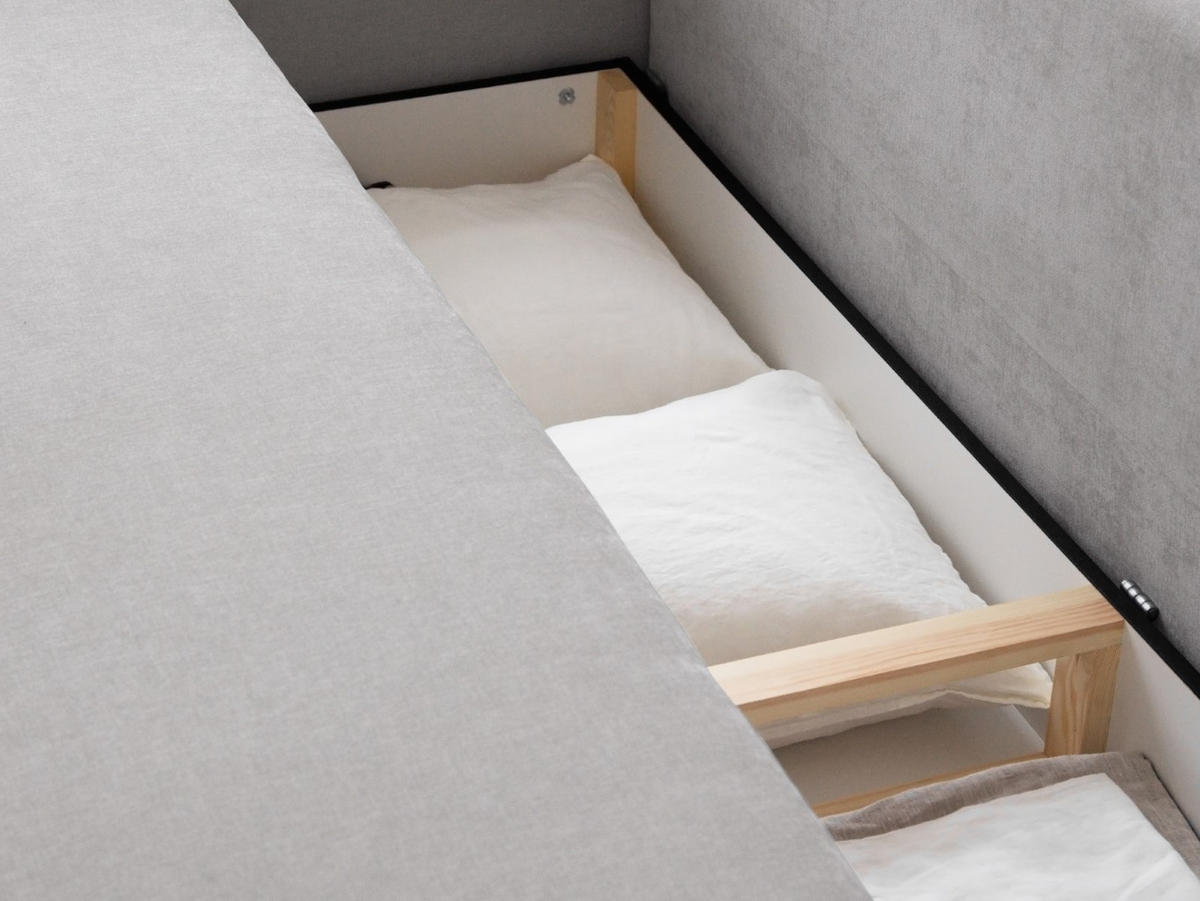 SOFA ausklappbar mit Bettkasten Elen aus strukturiertem Stoff beige 3 Sitzplätze - Beige, Textil (231/86/106cm) - Micadoni