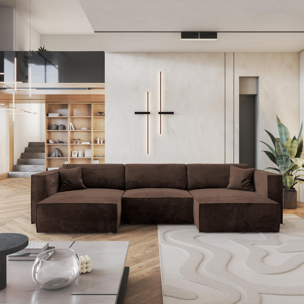 ROHOVÁ SEDAČKA SARMO hnědá - šedá/hnědá, dřevo/textil (347/148cm) - MASSENO