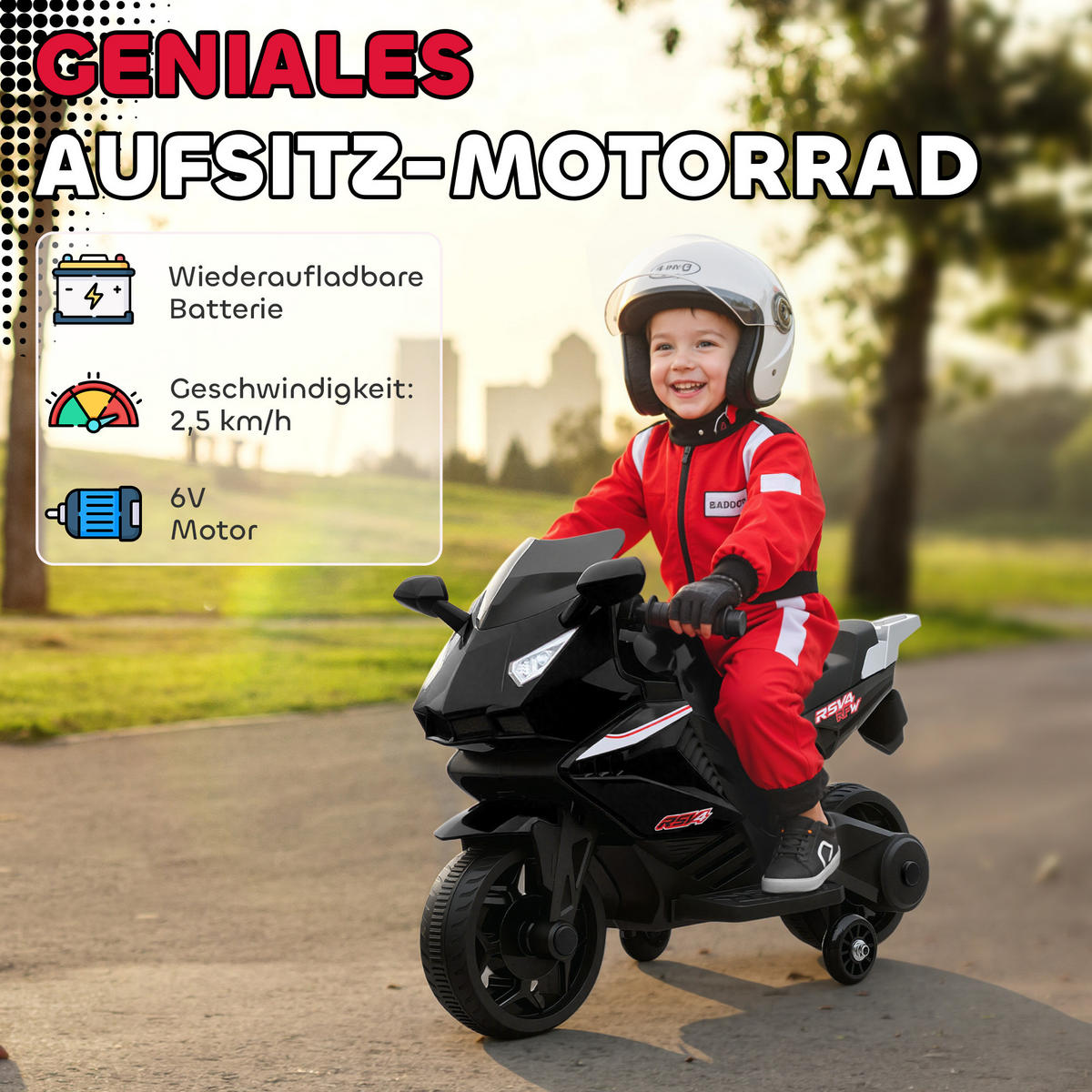ELEKTRO-KINDERMOTORRAD mit USB Stützrädern und Musik, schwarz - Schwarz, Metall (75/36/49cm) - AIYAPLAY