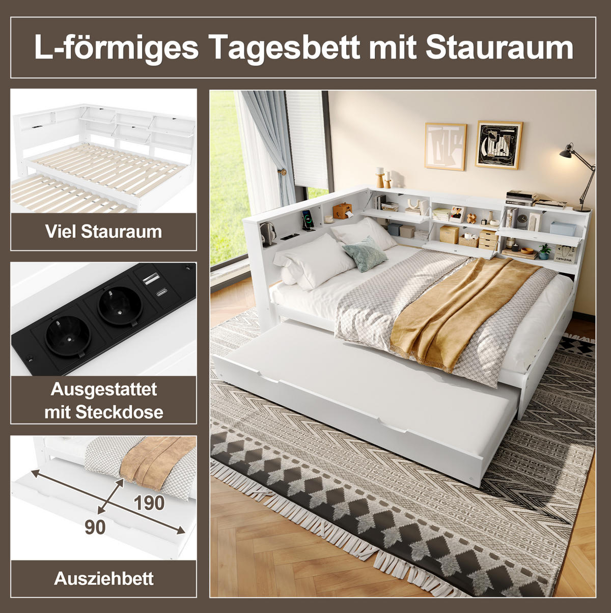 AUSZIEHBETT 140/200 cm in Weiß mit Stauraum und USB- und Type-C-Anschlüssen - Weiß, Holzwerkstoff (140/200cm) - Flora Grace