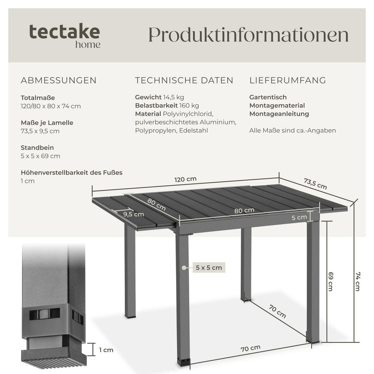 GARTENTISCH Inca, 80–120 x 80 x 74 cm, schwarz - Schwarz, Kunststoff (120/80/74cm) - tectake