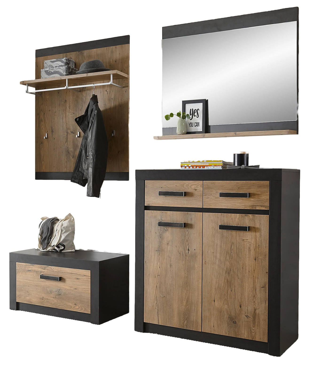 GARDEROBENKOMBINATION Kastanie grau Fresco, Garderobe Set 4-teilig, 192 x 200 cm - Kastanienfarben/Dunkelgrau, Holzwerkstoff/Kunststoff (192/200/42cm) - Furn.Design
