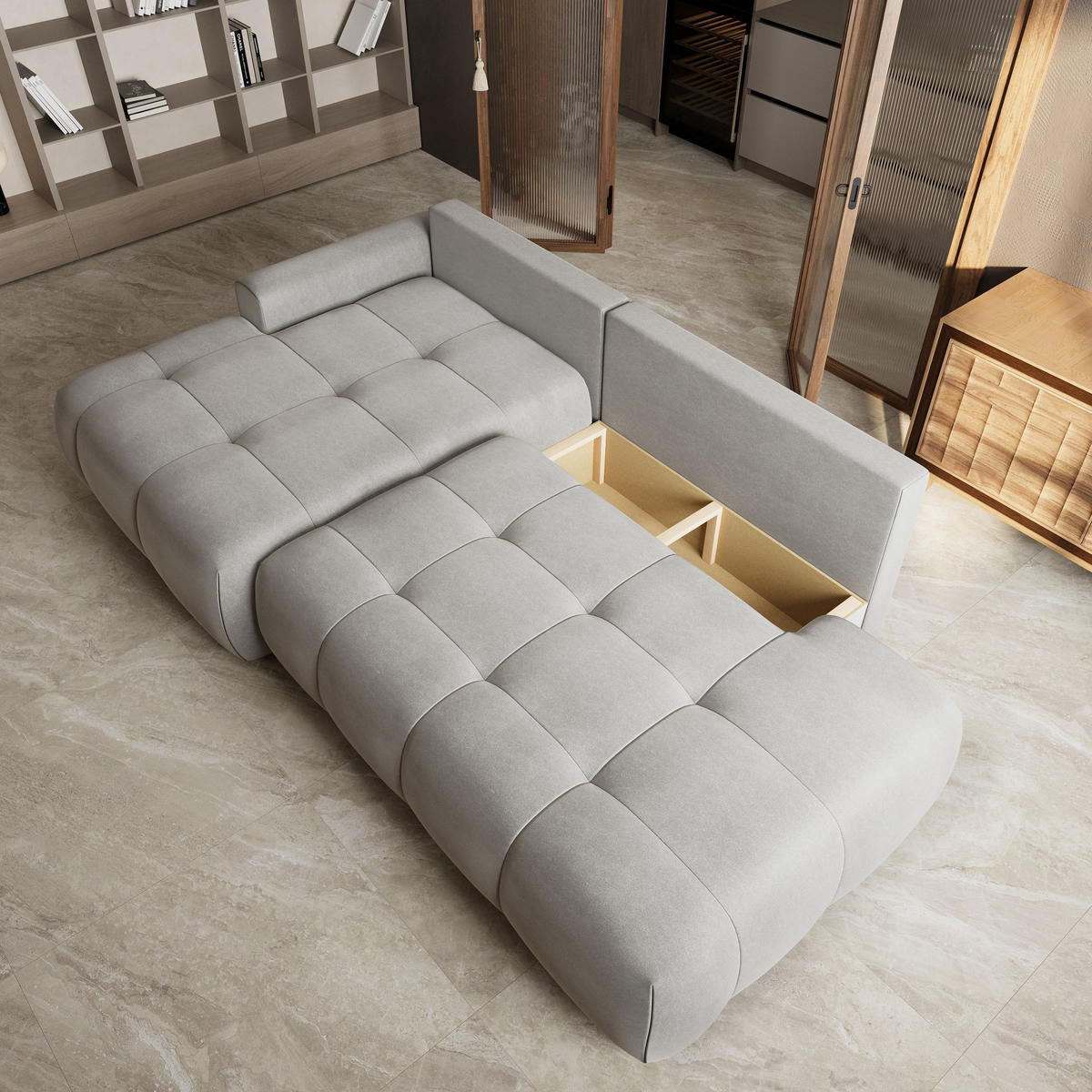 ECKSOFA FLUMA CL L-S Hellgrau Samtstoff mit Schlaffunktion - Hellgrau, Holzwerkstoff/Textil (279/158cm) - MASSENO