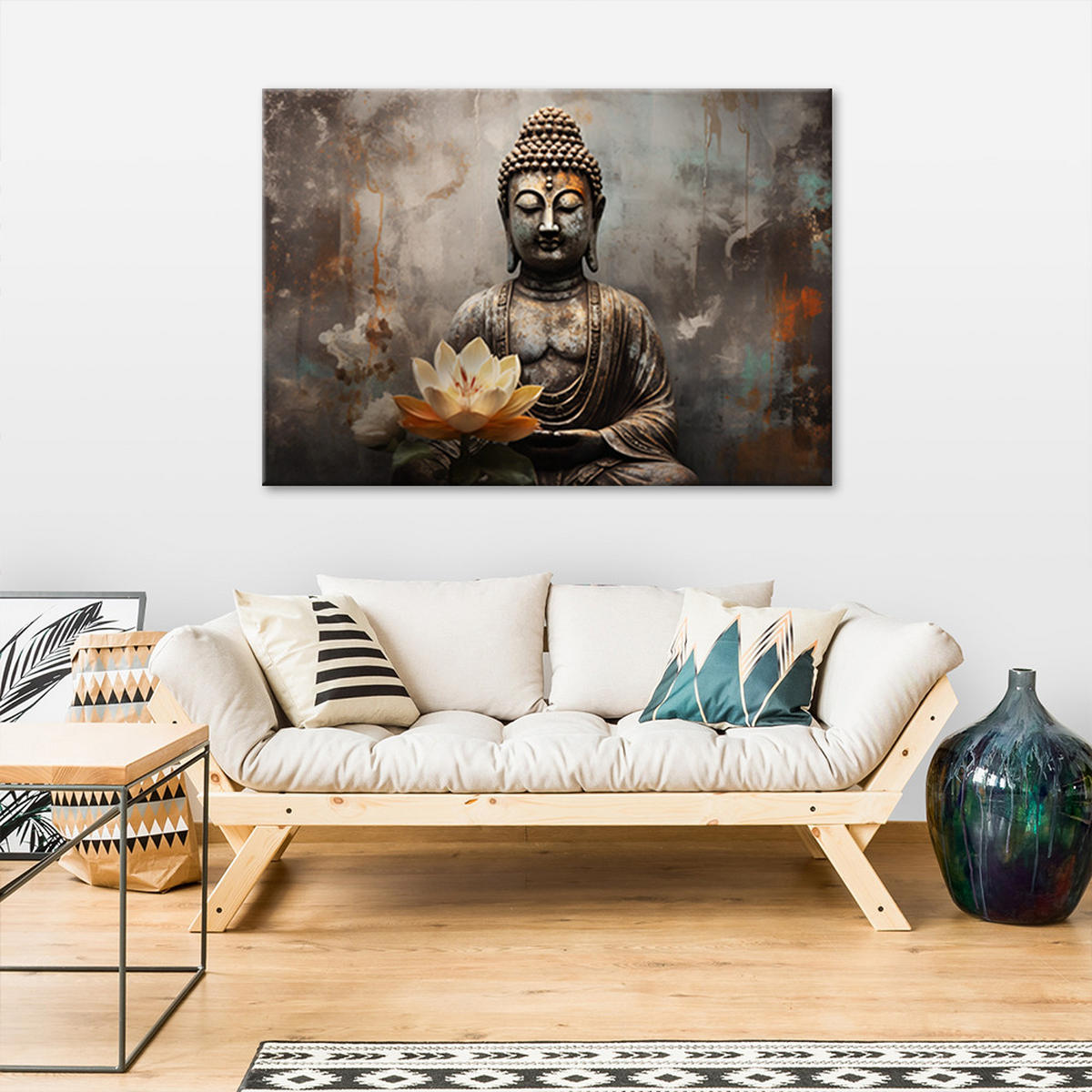 BILD AUF LEINWAND Meditierender Buddha abstrakt 90x60cm - Grau, Textil (90/60cm) - Feeby