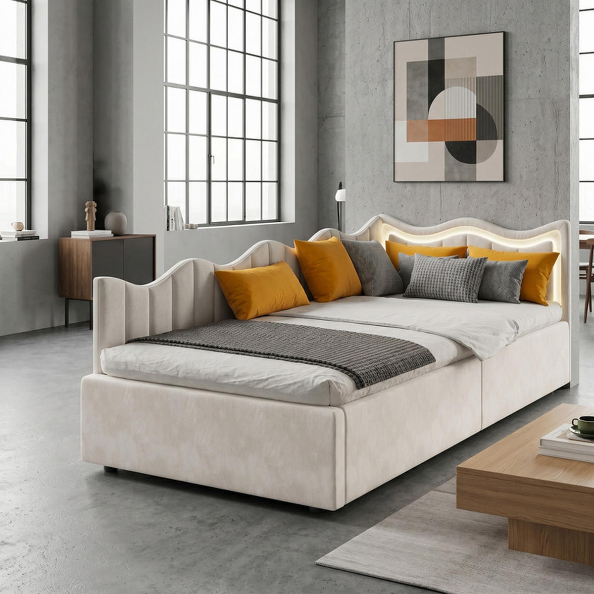 SCHLAFSOFA 90/200 cm beige mit Stauraum und LED - Beige, Holz