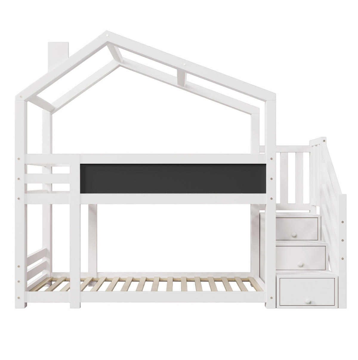 ETAGENBETT aus Kiefer-Massivholz und MDF 90x200 cm Weiß mit Stauraumtreppe und Tafel - Weiß, Holzwerkstoff (90/200cm) - IVMEU