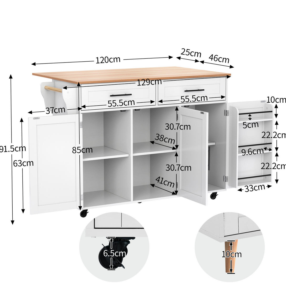 SERVIERWAGEN mit Klapptisch und Stauraum 129 x 71 x 91,5 cm Weiß - Weiß, Holz (46/91.5/120cm) - Beauniv