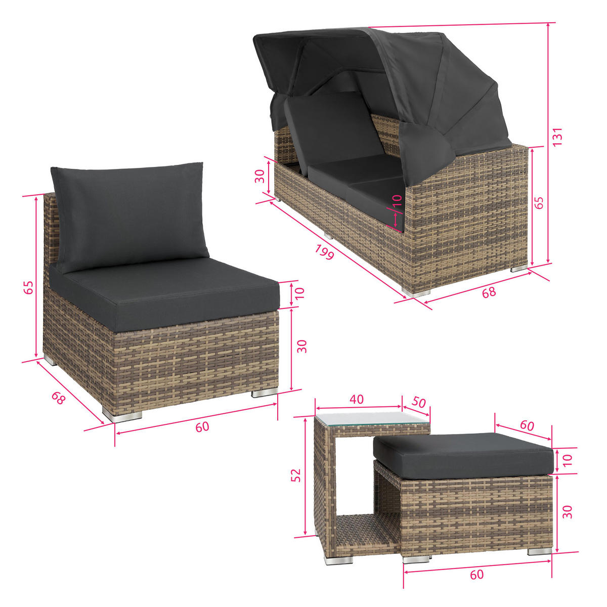RATTANLOUNGE San Marino,mit Sicherheitsglasplatte, variabel aufstellbar,natur - Naturfarben, Kunststoff (68/131cm) - tectake