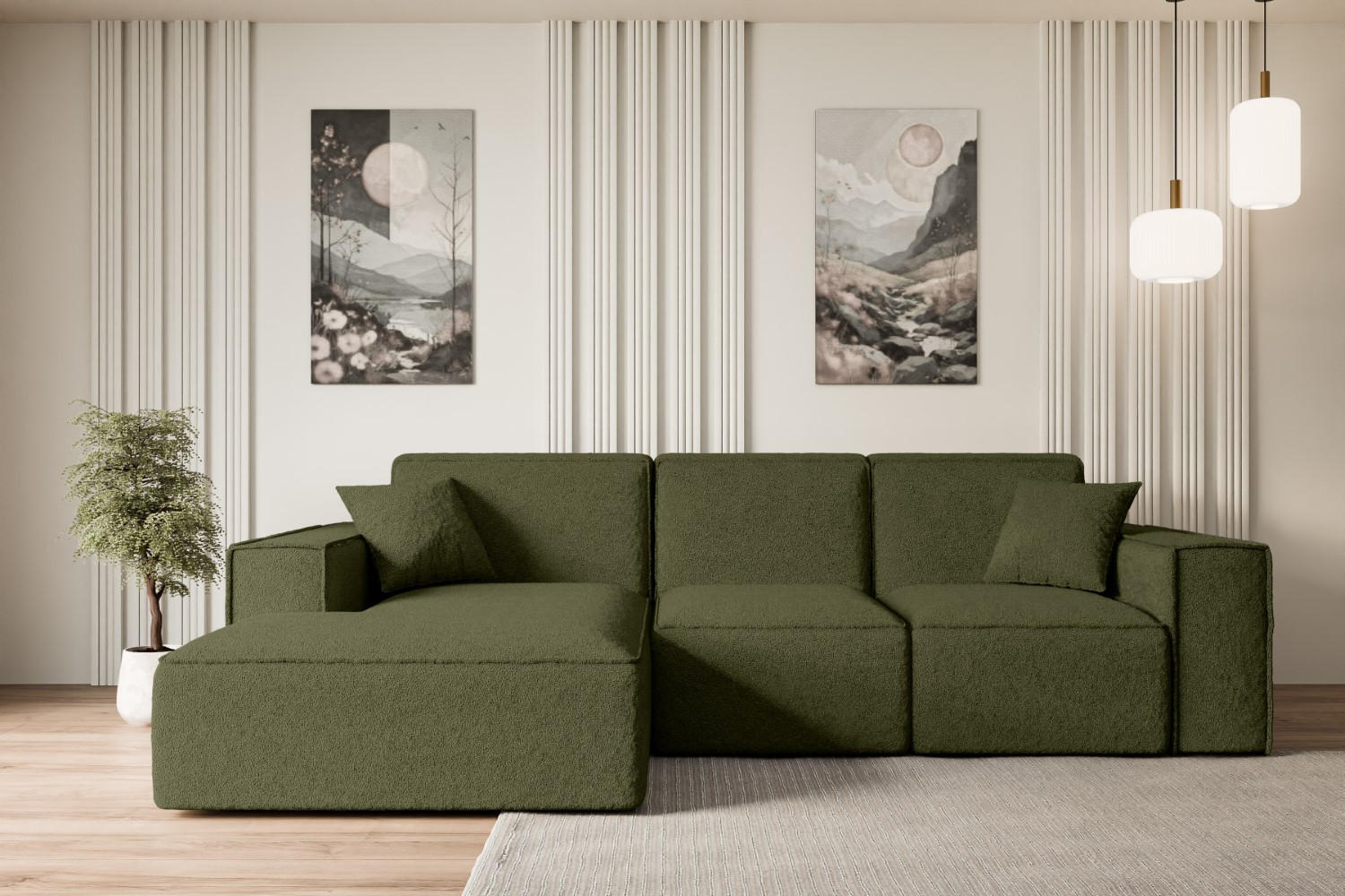 ECKSOFA Ottomane Links SERRA-L - 266x165x73 cm Grün Bouclé - Schwarz/Grün, Holzwerkstoff/Kunststoff (165/266cm) - ALTDECOR