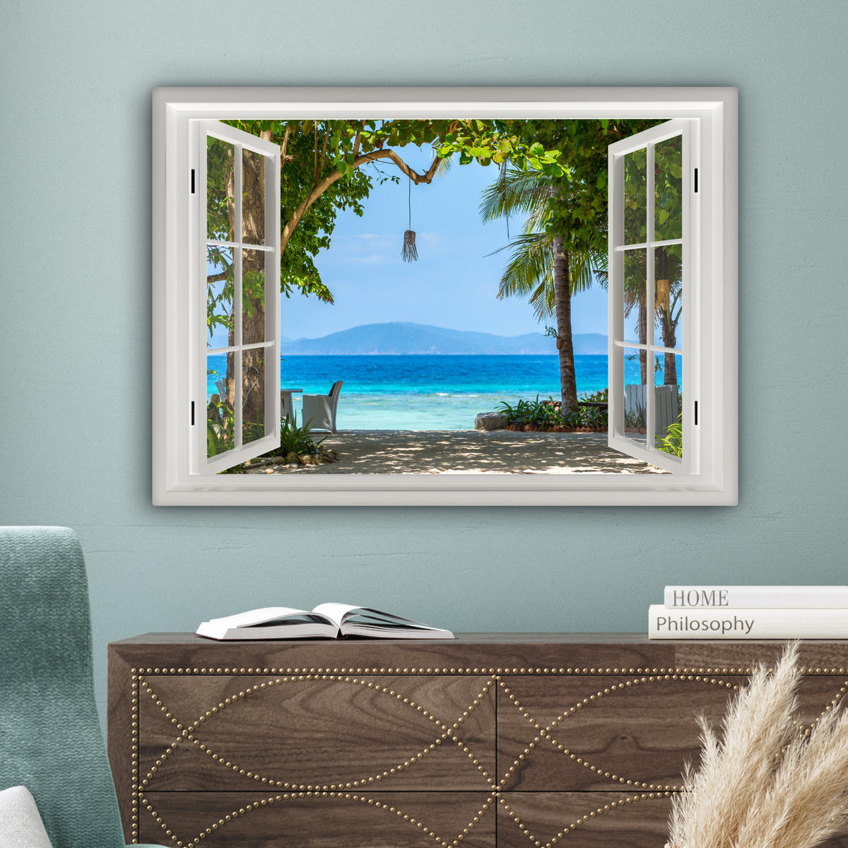 LEINWANDBILD Aussicht - Baum - Meer - Palme - Hügel - Strand - Blau Wandbilder 80x60 cm - Blau, Textil (80/60cm) - MuchoWow