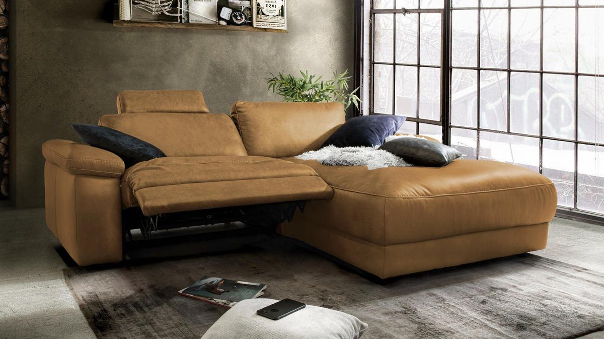 ECKSOFA MOTORISCH. RELAXFUNKTION LOLA Rotbraun Leder - Rotbraun/Schwarz, Leder (233/178cm) - KAWOLA