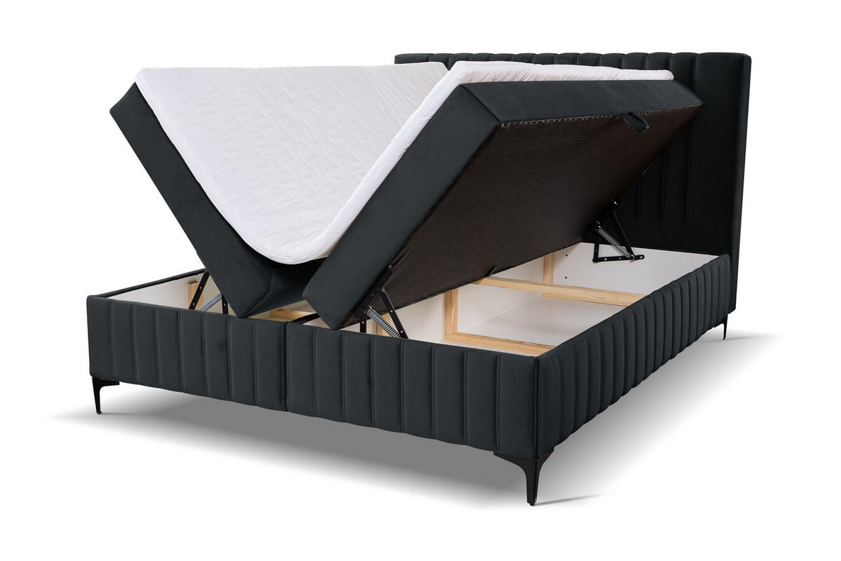 BOXBETT QUANT mit 2 Bettkästen, 180x200, Farbe: Schwarz, Velourstoff, mit Bonell-Matratze inkl. Topper - Schwarz, Holz/Kunststoff (180/200cm) - VENASI MÖBEL