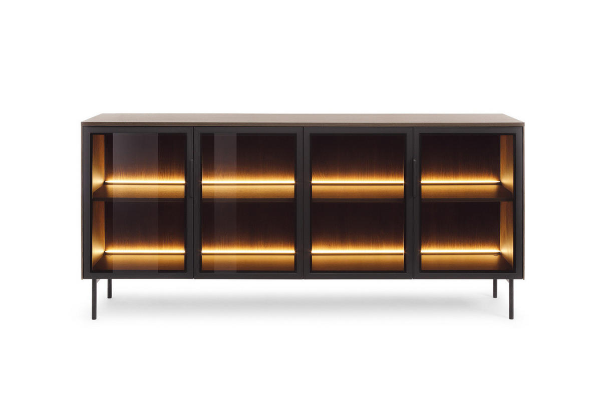 SIDEBOARD LUMI 181 cm Eiche Dunin - mit 4 Glastüren (Braunglas) und LED - Eichefarben/Schwarz, Holz/Holzwerkstoff (181/83/39cm) - Ravio