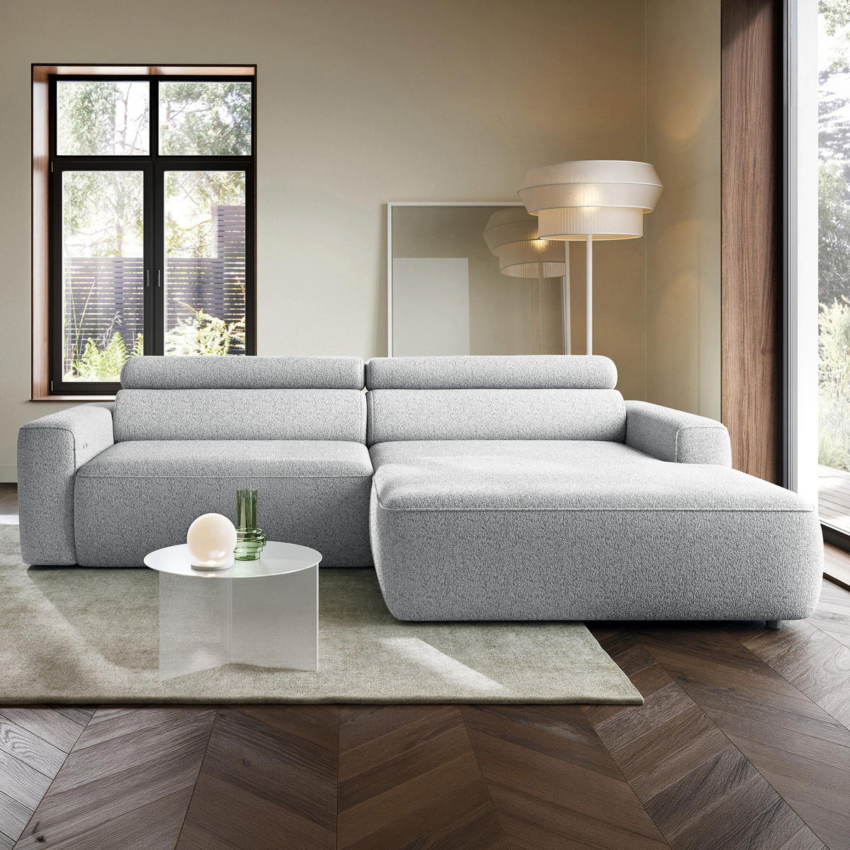 ECKSOFA Fando mit Schlaffunktion, L-Form, 4-Sitzer 252 cm, rechts Flechtstoff Hellgrau - Hellgrau/Schwarz, Holz/Kunststoff (182/252cm) - Selsey
