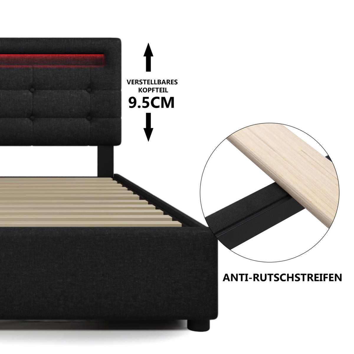 POLSTERBETT 90/200 cm Schwarz aus Leinen mit LED-Beleuchtung und 2 Schubladen - Schwarz, Textil (90/200cm) - OKMYHOME