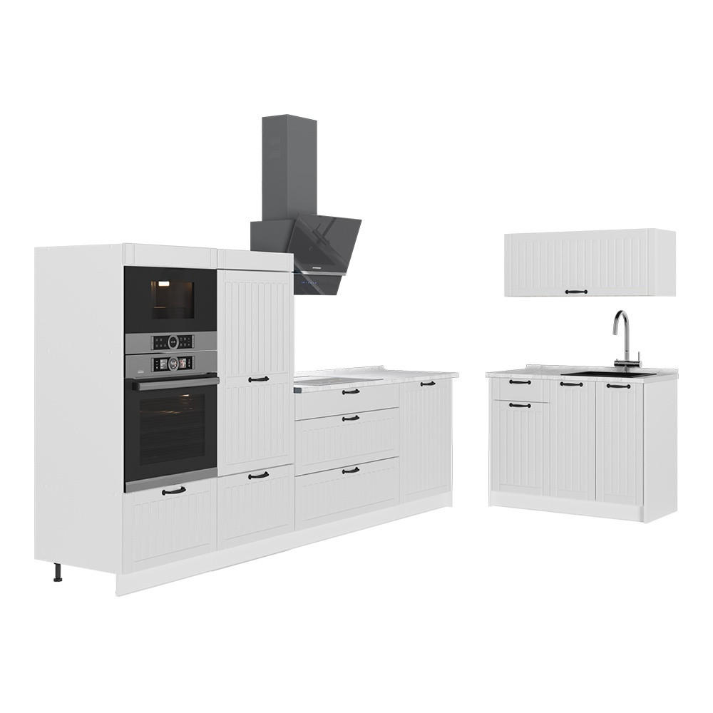 KÜCHENZEILE Fame-Line, Weiß Landhaus/Weiß, 380 cm, AP Marmor - Weiß, Holzwerkstoff (380/153.6/60cm) - Vicco