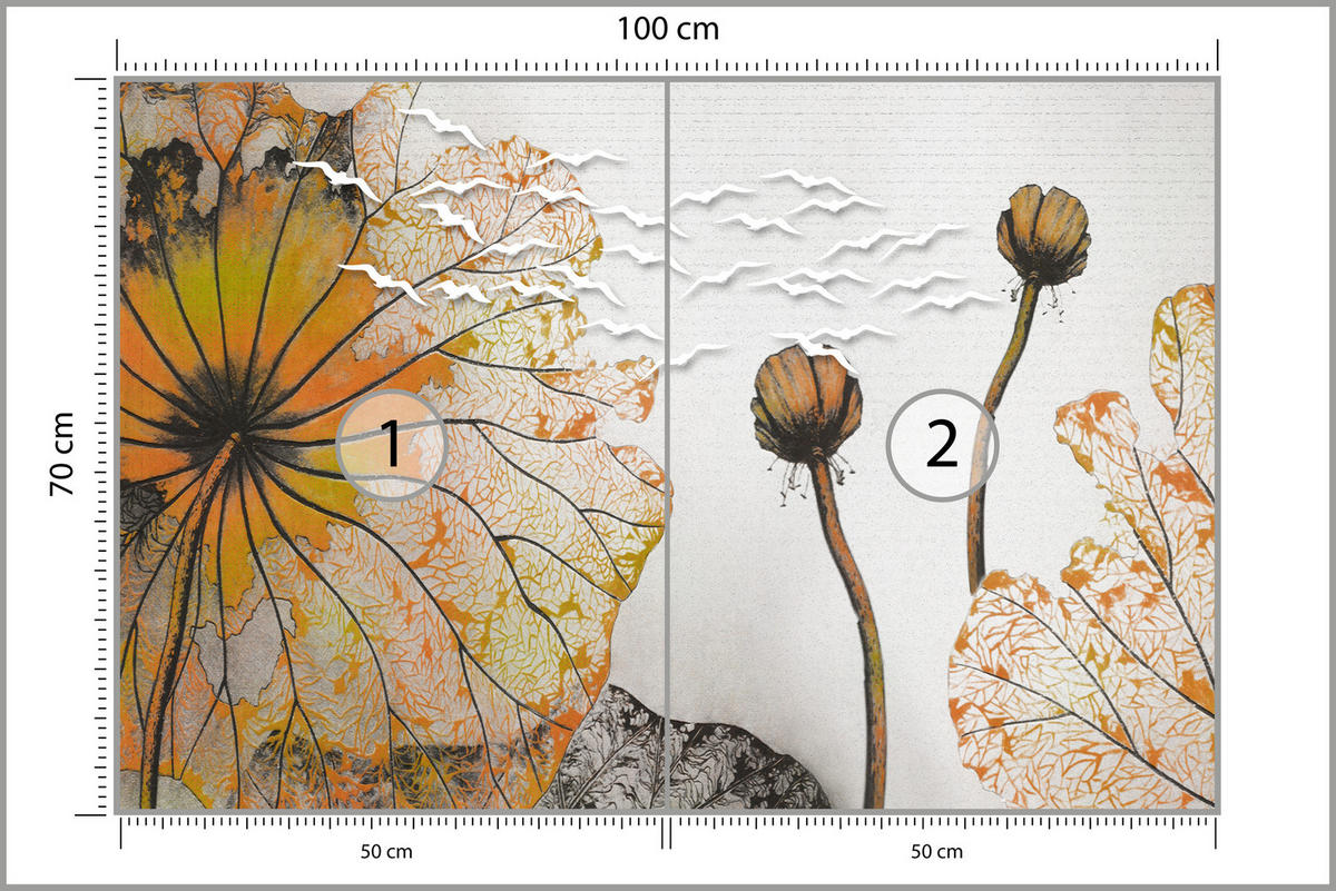 FOTOTAPETE für Esszimmer Große Abstrakte Orange Blumen Blätter 100x70 - Gelb/Orange, Papier (100/70cm) - Muralo