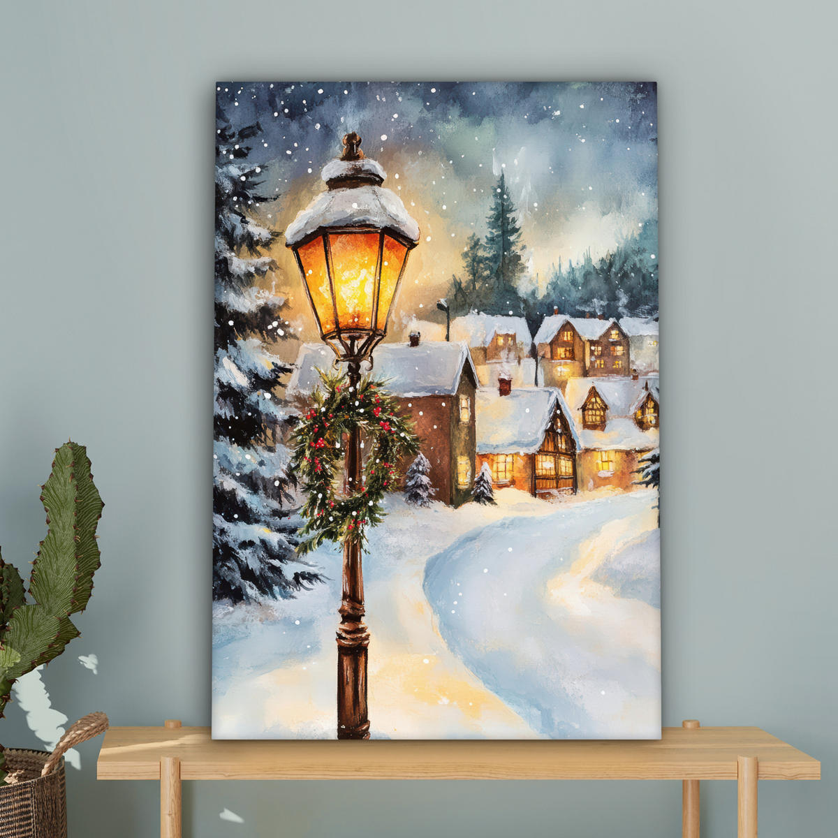 LEINWANDBILD Weihnachtsdorf - Häuser - Schnee - Weihnachten 60x90 cm - Sandfarben, Textil (60/90cm) - MuchoWow