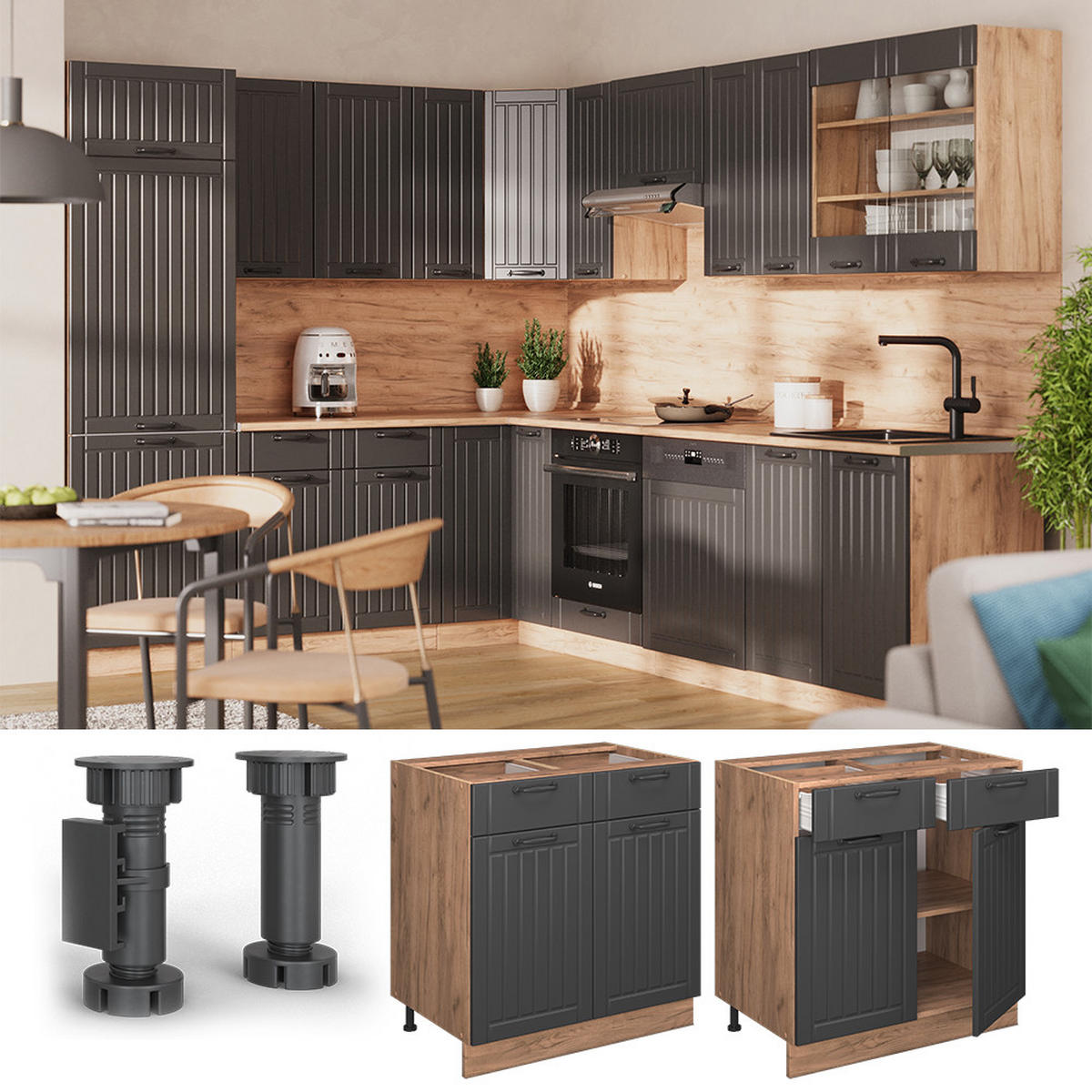 SPODNÍ SKŘÍŇKA KUCHYŇSKÉ LINKY Fame-Line Tmavě šedá - medově dubová/tmavě šedá, kompozitní dřevo (80/82/60cm) - Vicco