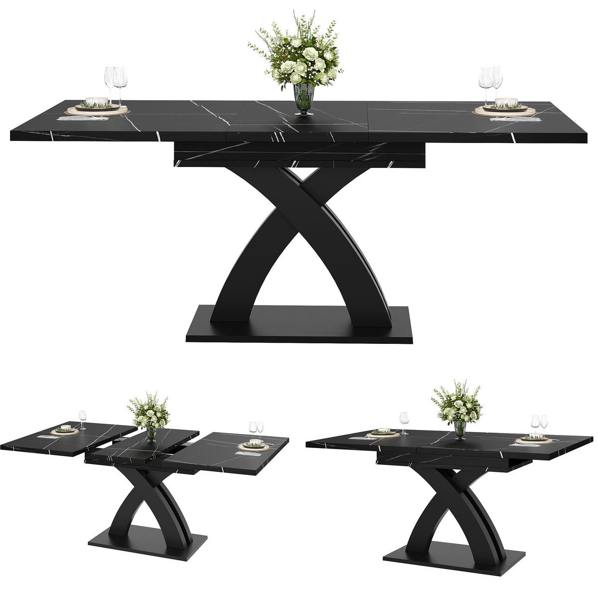ESSTISCH 120-160x80x76 cm in Schwarz aus MDF und Metall auf X-Gestell ausziehbar - Schwarz, Holzwerkstoff (160/80/75cm) - Modfu