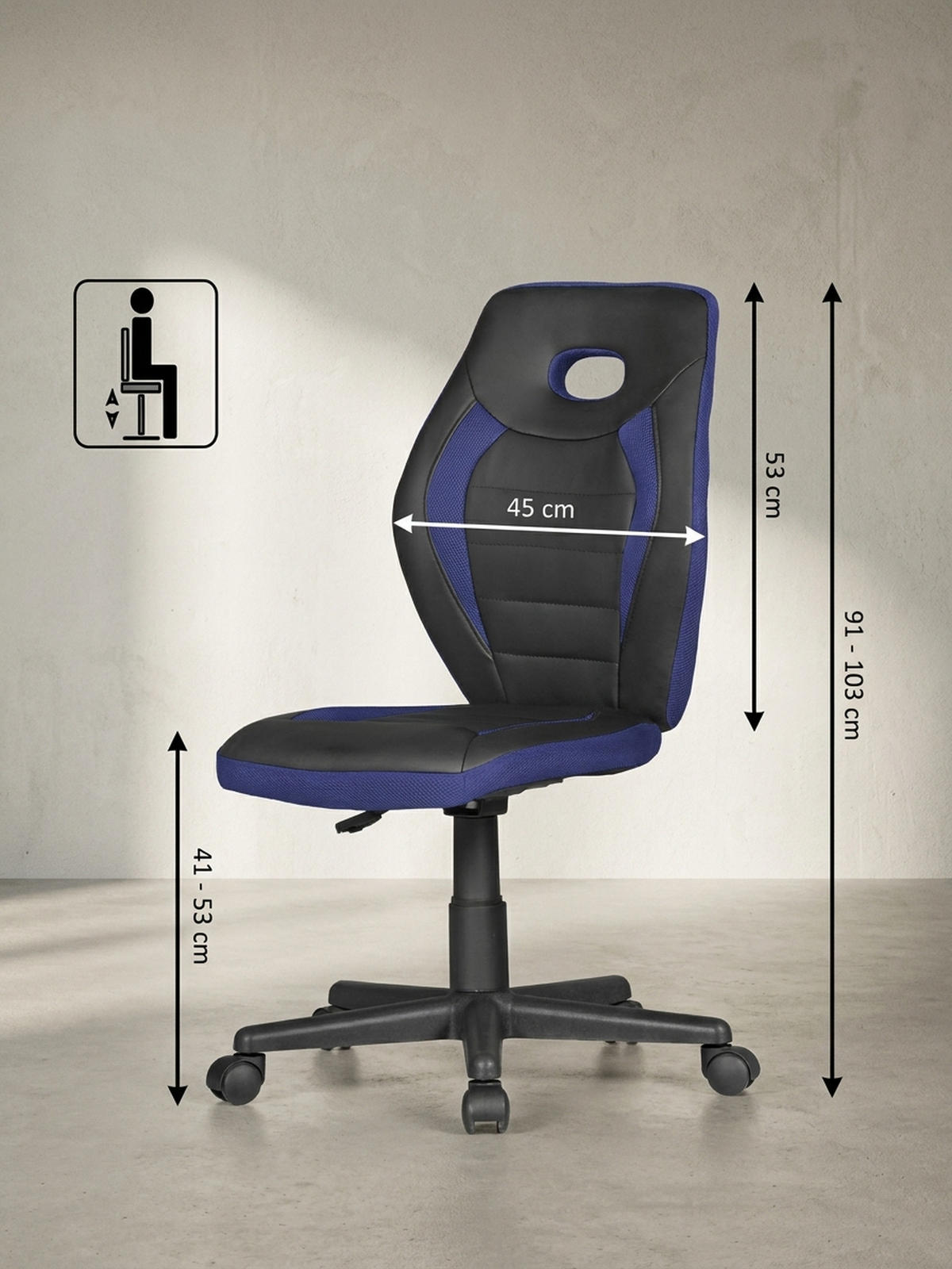 JUGENDDREHSTUHL Hohe Rückenlehne Schulterstütze Kunstleder Mesh, Blau 63x63x103 cm - Blau/Schwarz, Kunststoff/Textil (63/103/63cm) - KADIMA DESIGN