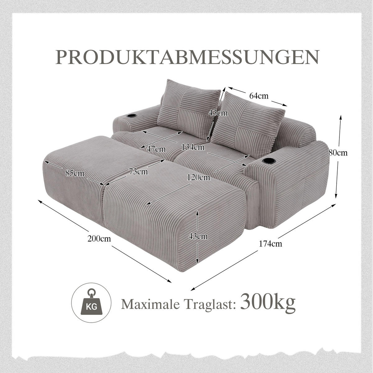 MODULARES 2-Sitzer Sofa Cord mit Getränkehalter und Seitentasche 200/174/80 cm Hellgrau - Hellgrau, Textil (174/80/200cm) - Redom