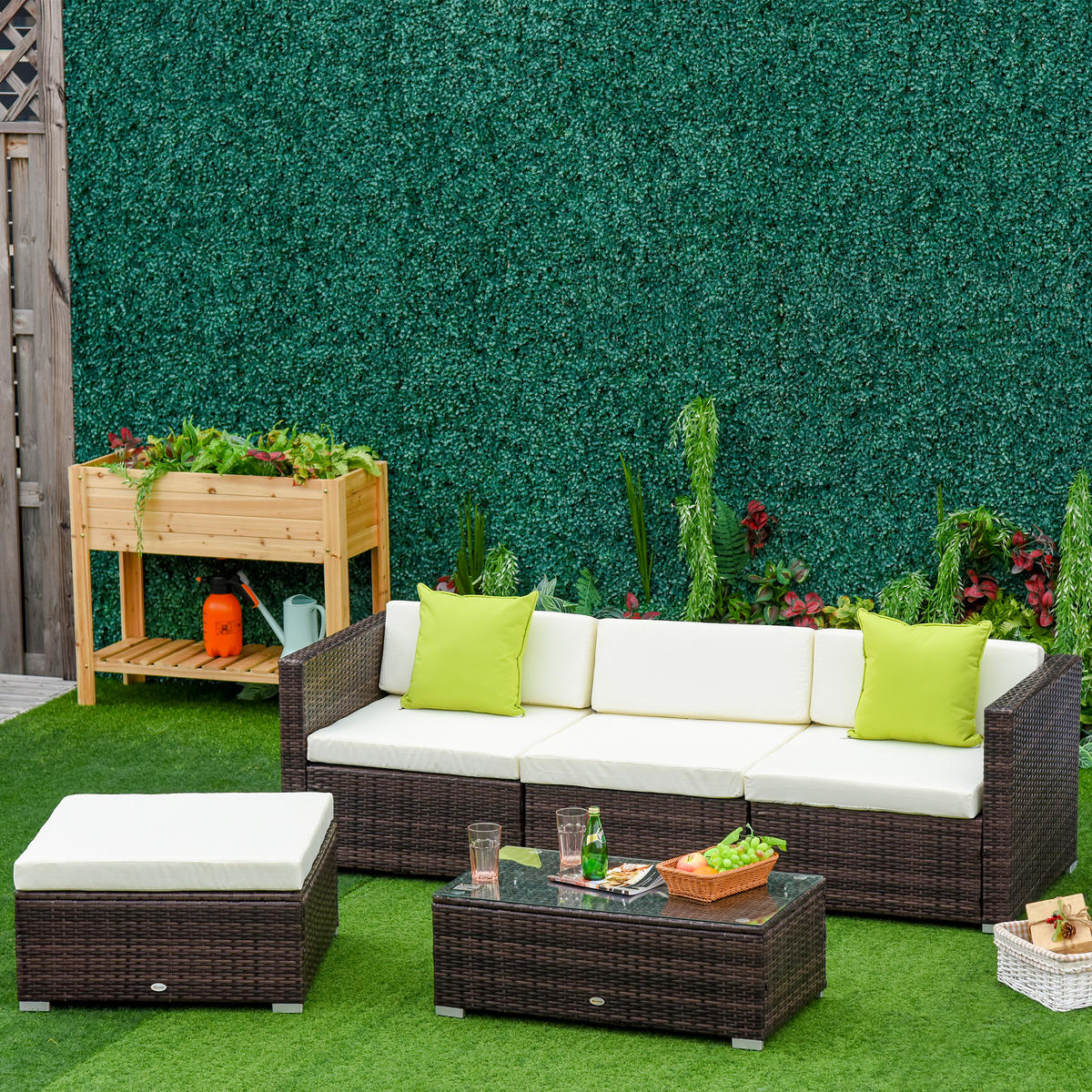 GARTENMÖBEL-SET mit Beistelltisch Kissen Braun - Braun, Kunststoff - Outsunny