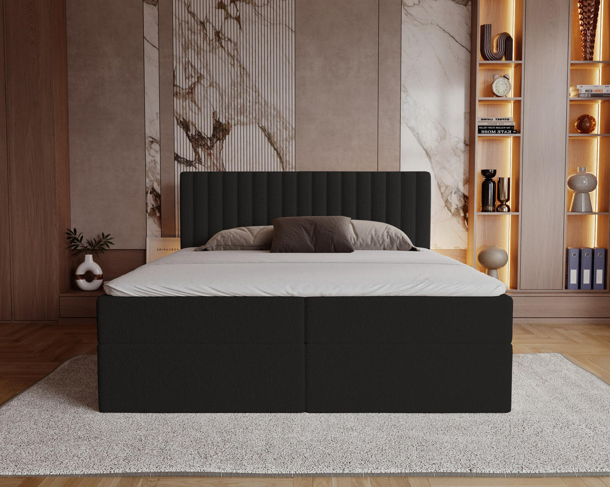 BOXSPRINGBETT Boucle 180x200 Daliro mit Bettkasten, Matratze H3, Schwarz - Schwarz, Holz/Textil (180/200cm) - Emporius