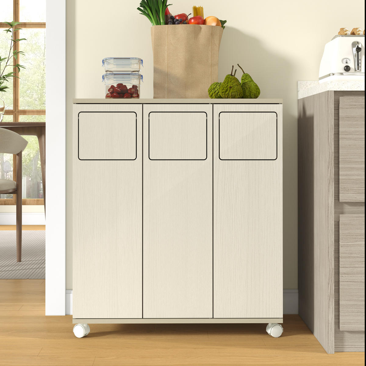 MÜLLSCHRANK DE-38851 69,3/35/80 cm 3 Fächer und Rollen Creme - Creme, Holzwerkstoff (69.3/80/35cm) - ComfortXL