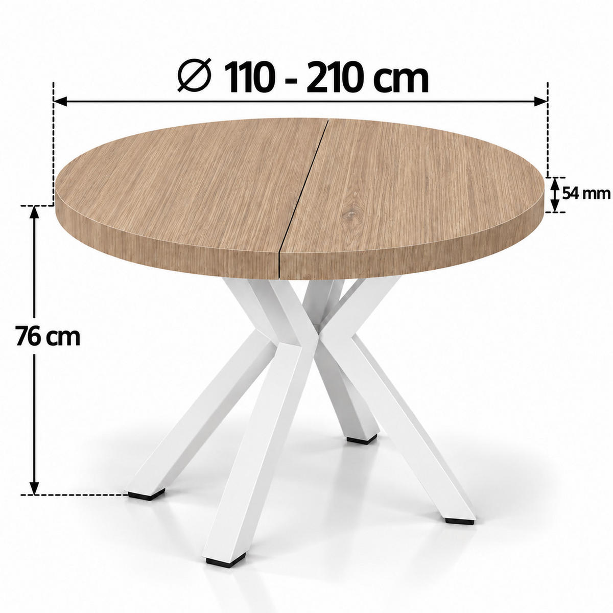 ESSTISCH rund ausziehbar 110/210/76 cm, Halifax Egger, 54 cm Tischplatte + Metall Weiß - Eichefarben, Holzwerkstoff/Metall (110/210/76cm) - Damale Möbel