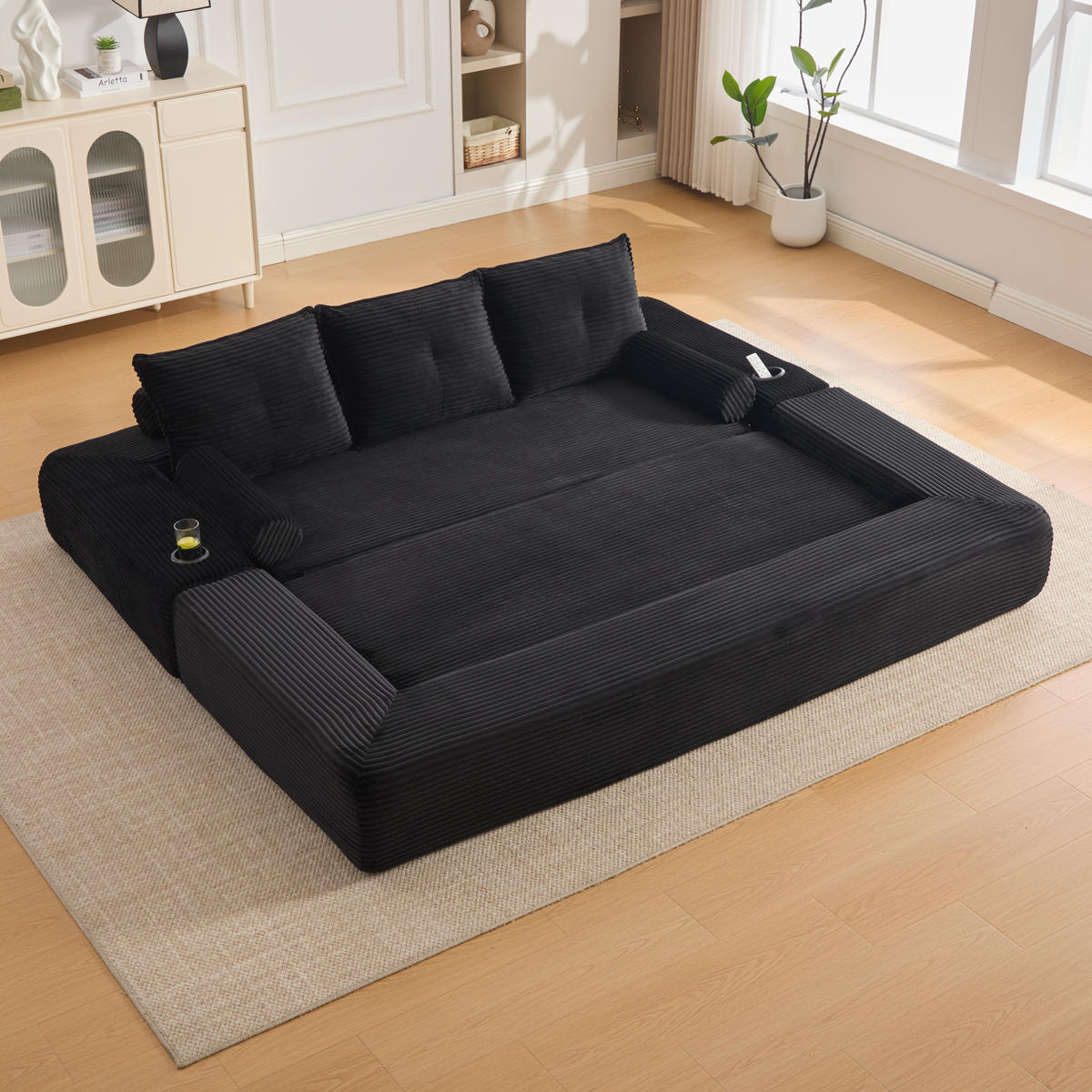 SCHLAFSOFA, 2-in-1 Klappsofa mit Getränkehalter, Modulares Bodensofa Cordstoff, Schwarz - Schwarz, Textil (232/80/98cm) - LVHOM
