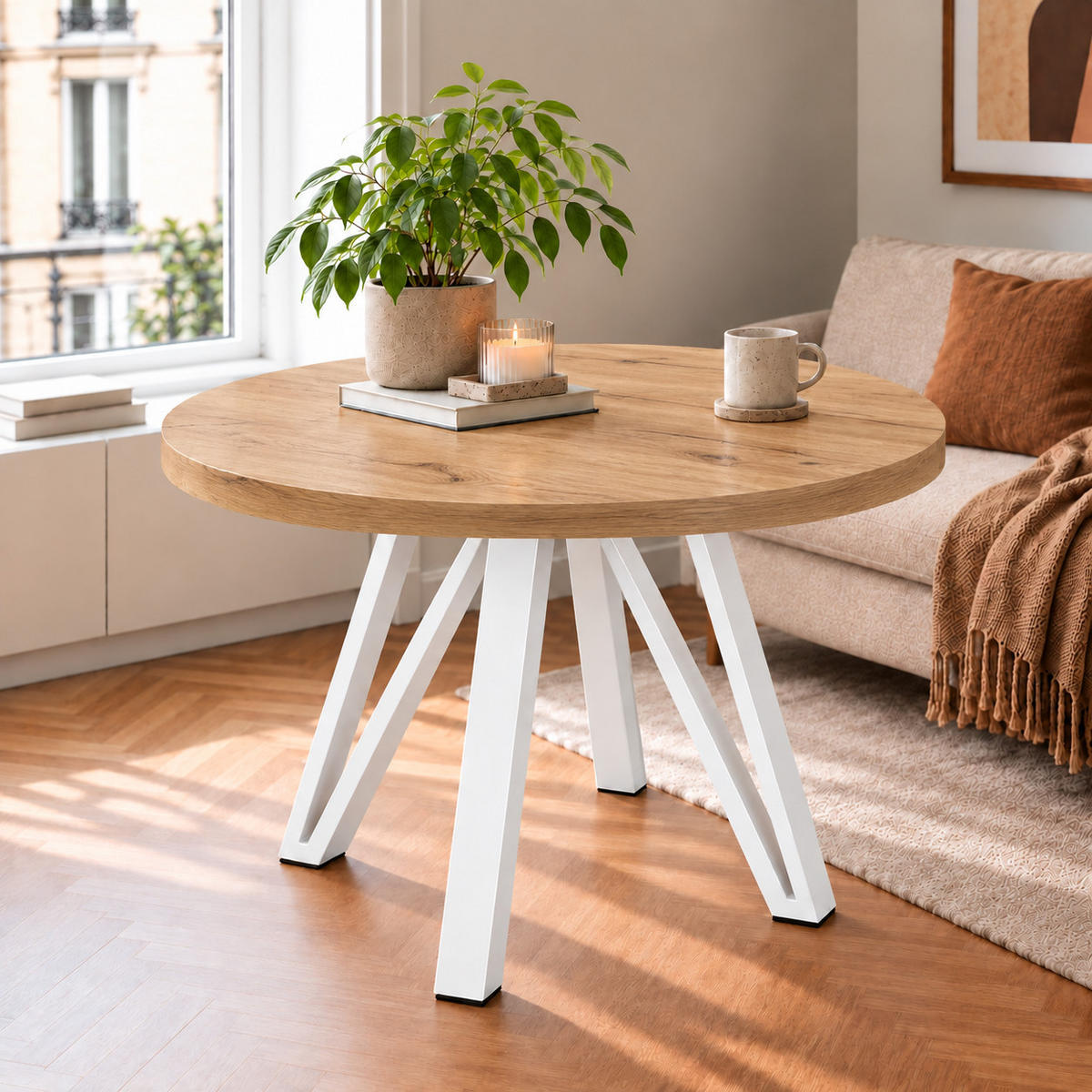 ESSTISCH rund ausziehbar 100/300/76 cm, Eiche Craft, 54 cm Tischplatte + Industrial Metallgestell Weiß - Eichefarben/Weiß, Holzwerkstoff/Metall (100/300/76cm) - Damale Möbel