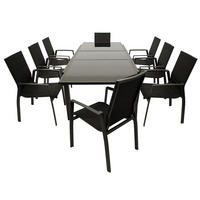 GARTEN-GARNITUR Ashford - 9-teilige Garten-Essgruppe (8x Stapelsessel mit Aluminiumgestell schwarz, Bespannung Textillehne schwarz - Schwarz, Metall - TPFGarden