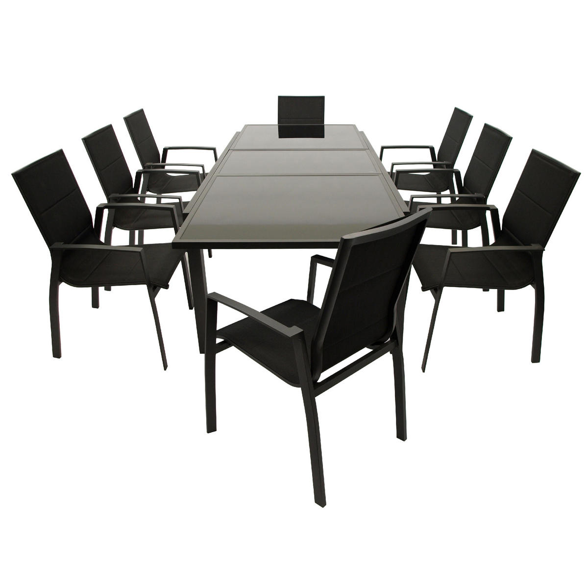 GARTEN-GARNITUR Ashford - 9-teilige Garten-Essgruppe (8x Stapelsessel mit Aluminiumgestell schwarz, Bespannung Textillehne schwarz - Schwarz, Metall - TPFGarden